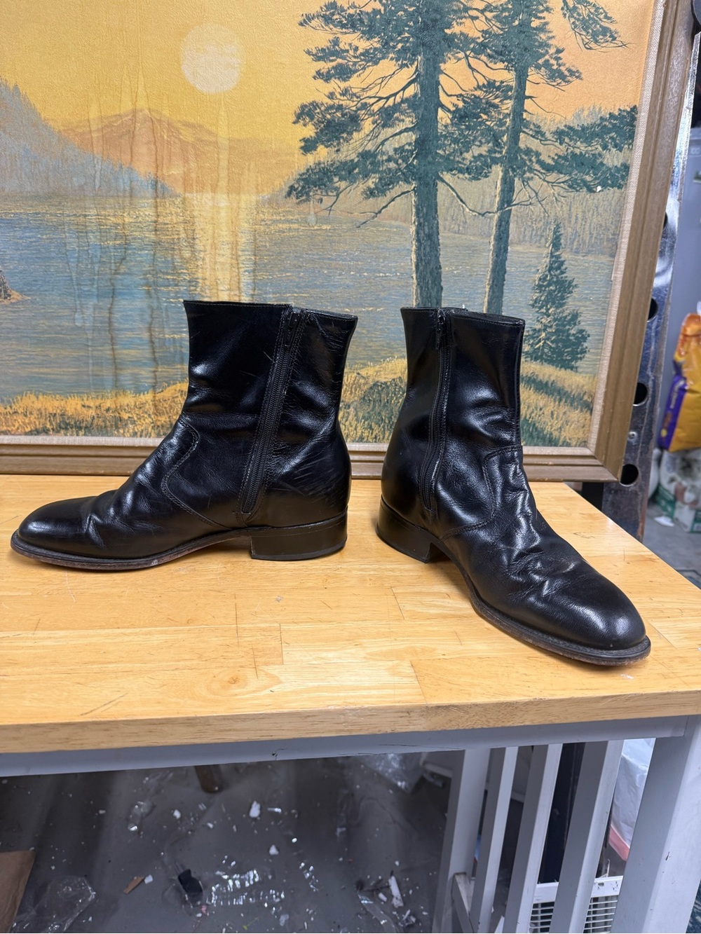 Men's Black Leather Zip Ankle Boots, unknown maker, JJ21336, size 7 1/2D